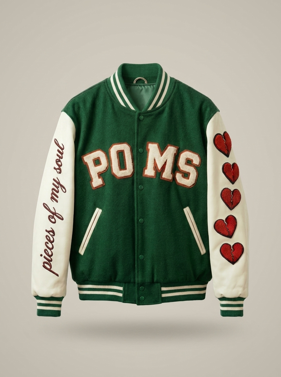 Fall Down green varsity jacket front with cream POMS chenille lettering and heart sleeve