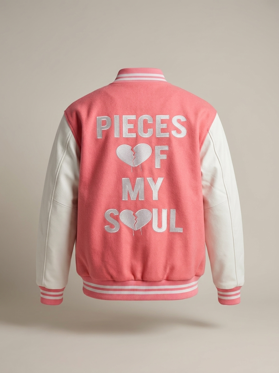 POMS pink varsity letterman jacket back with PIECES OF MY SOUL print