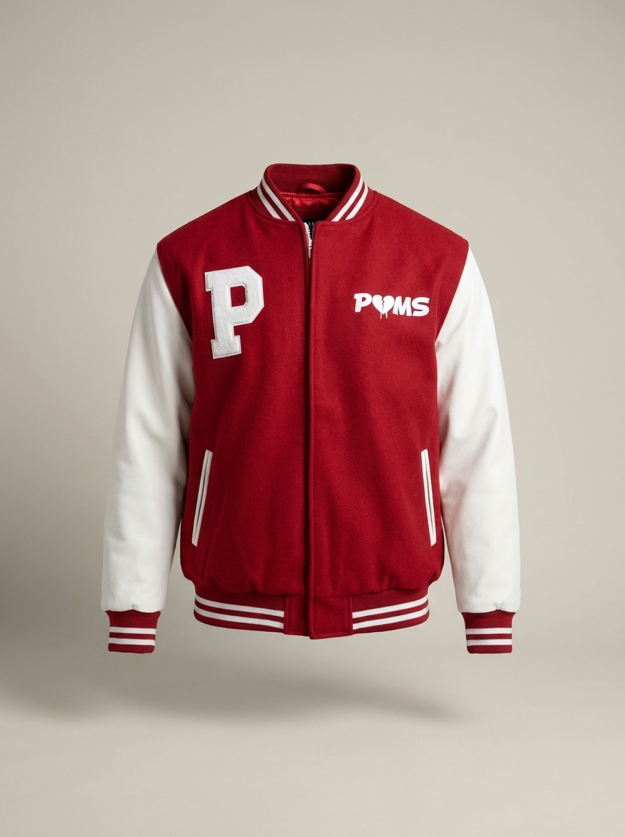 POMS red varsity letterman jacket front with white P patch and POMS broken heart wordmark
