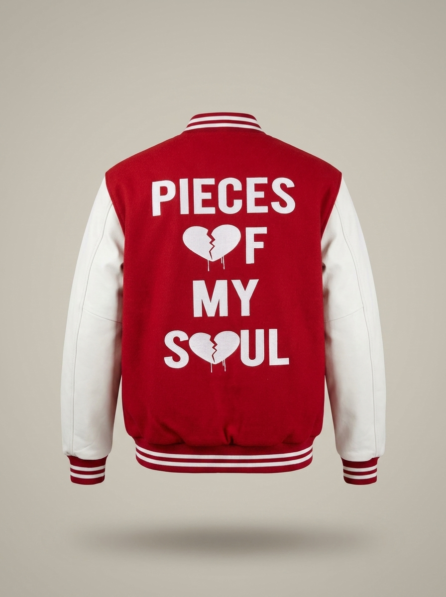 POMS red varsity letterman jacket back with PIECES OF MY SOUL broken heart print
