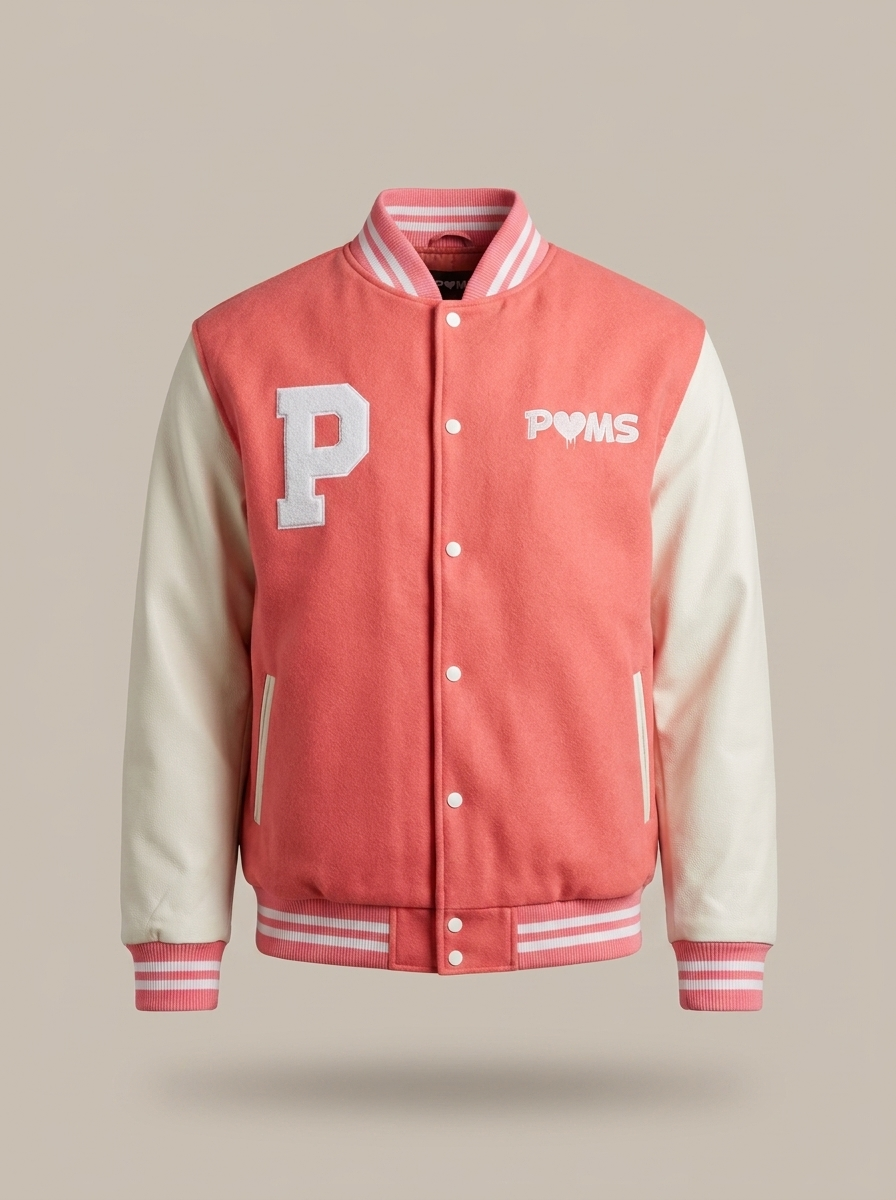 POMS pink varsity letterman jacket front with white P patch