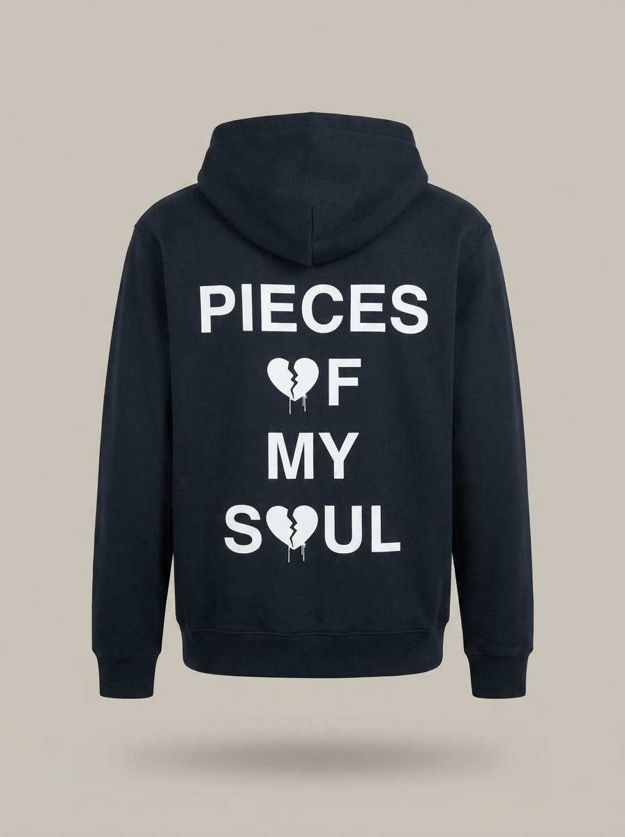 Navy POMS hoodie back with PIECES OF MY SOUL broken heart print