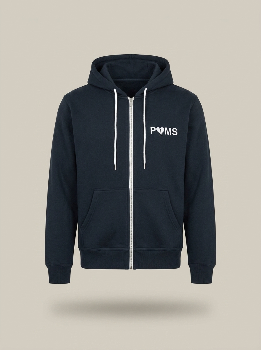 Navy POMS zip-up hoodie front with embroidered chest logo