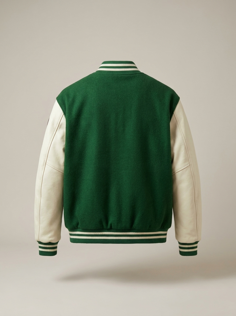 Fall Down green varsity jacket plain back view