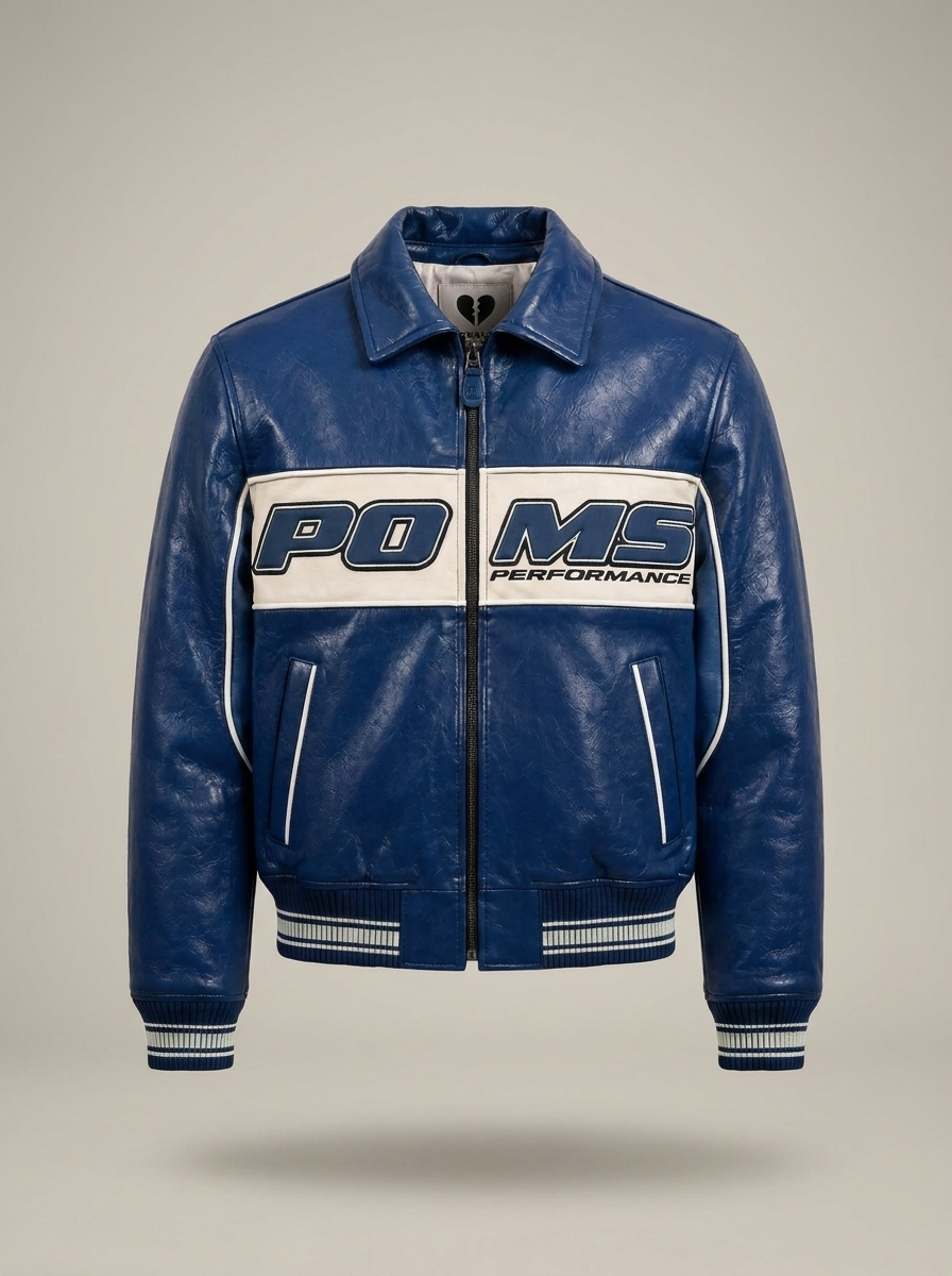 POMS Performance royal blue leather racing jacket front with cream chest band