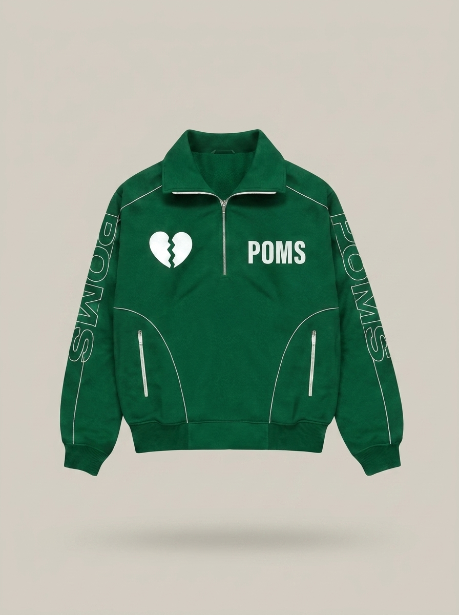 Green POMS quarter-zip track jacket front with broken heart chest graphic