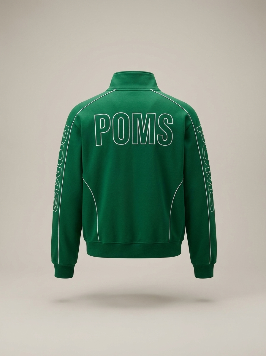Green POMS track jacket back with outline POMS lettering