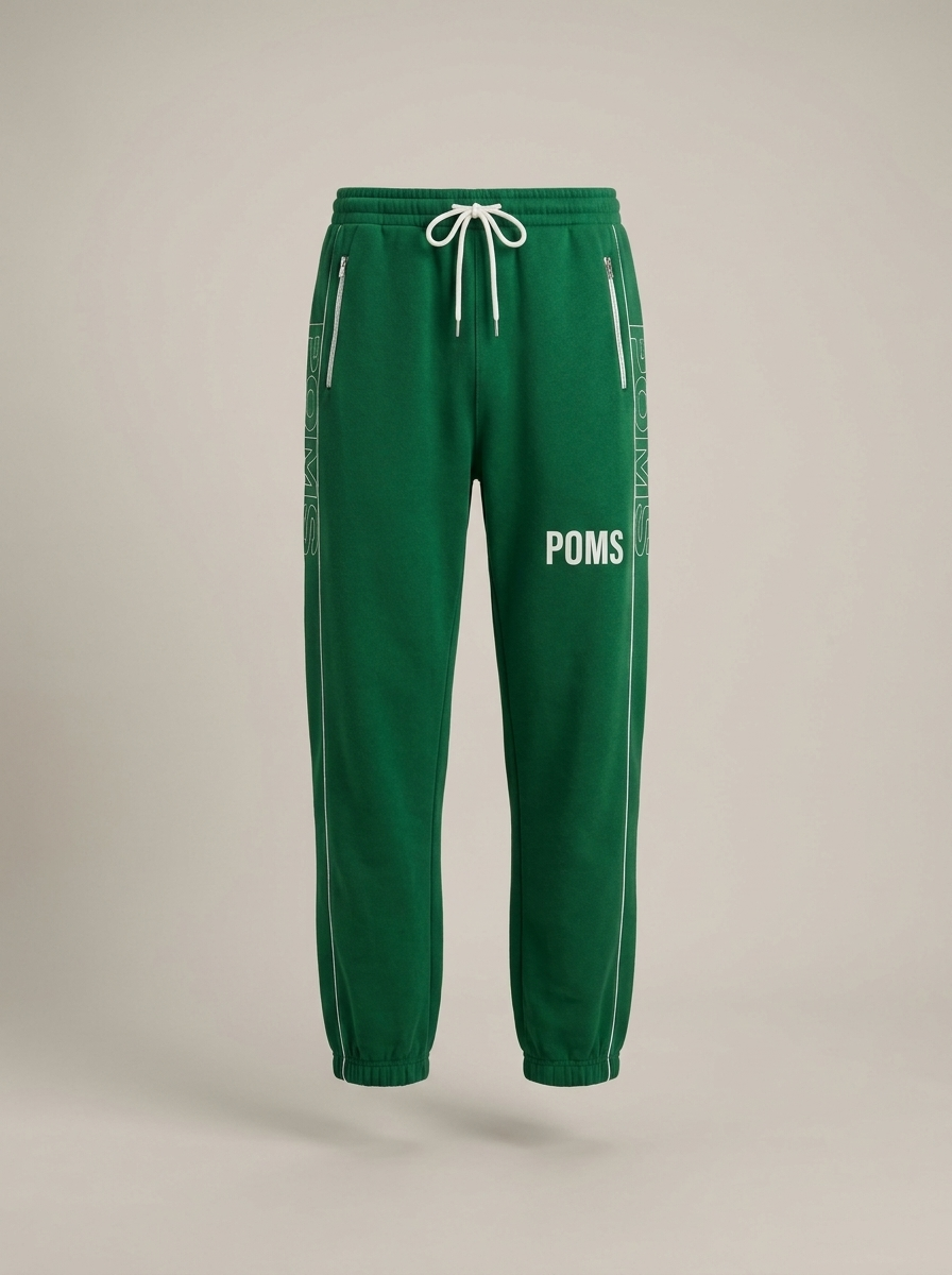 Green POMS jogger pants front with zip pockets and POMS thigh print