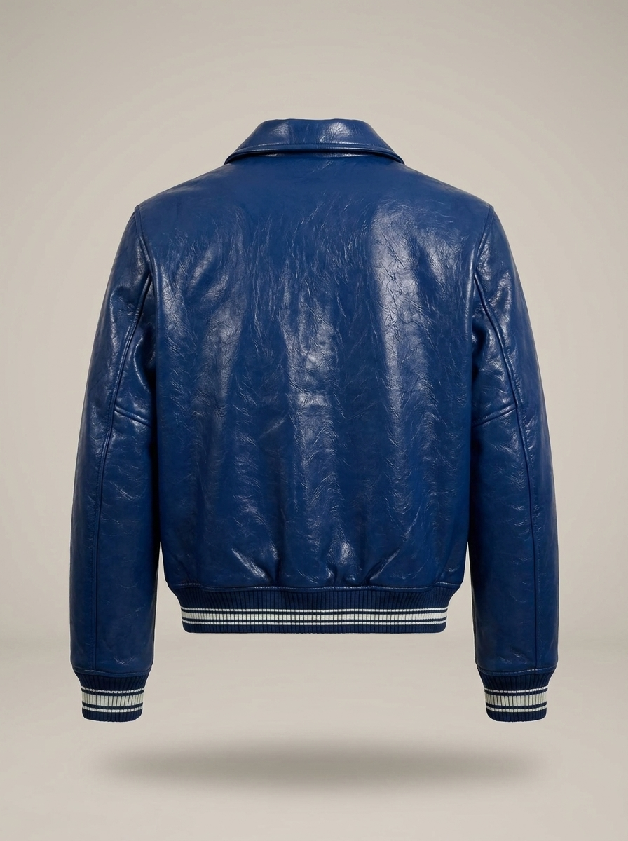 POMS Performance blue leather jacket plain back view