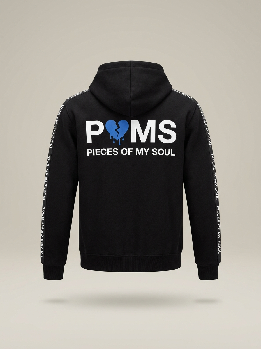 Black POMS sweatsuit hoodie with blue broken heart, back view