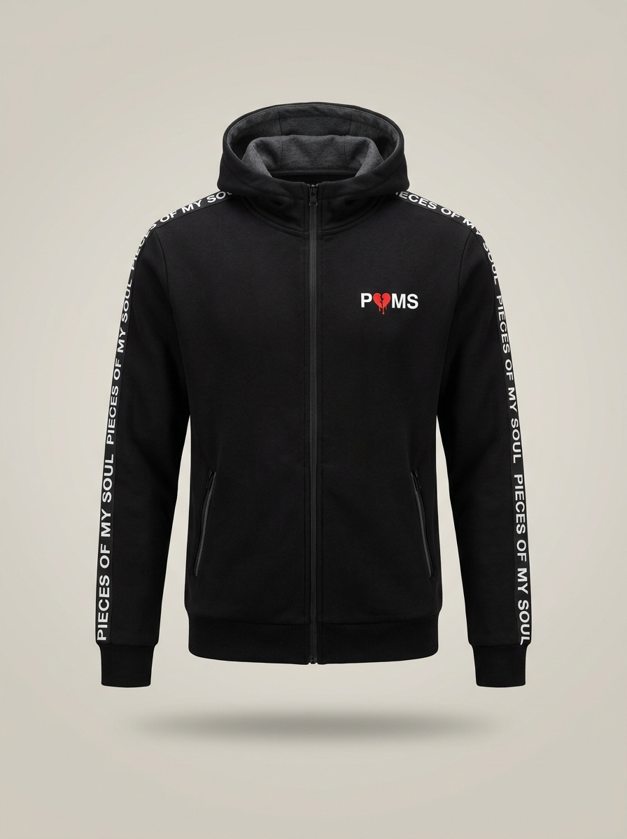 Black POMS sweatsuit hoodie with red broken heart, front view