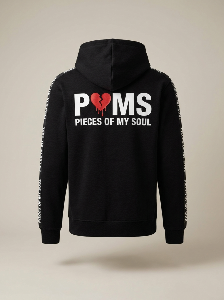 Black POMS sweatsuit hoodie with red broken heart, back view