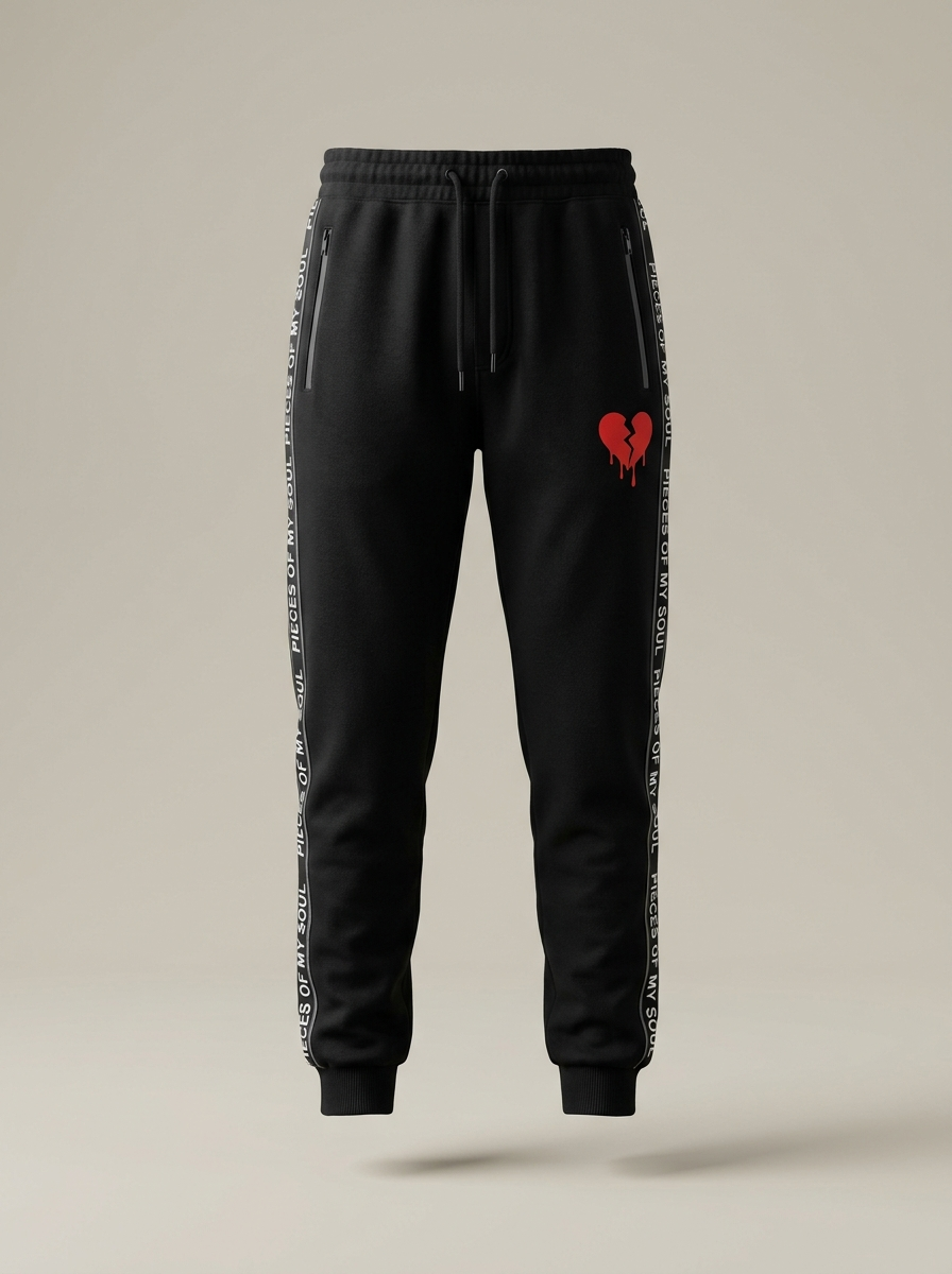 Black POMS joggers with red broken heart, front view