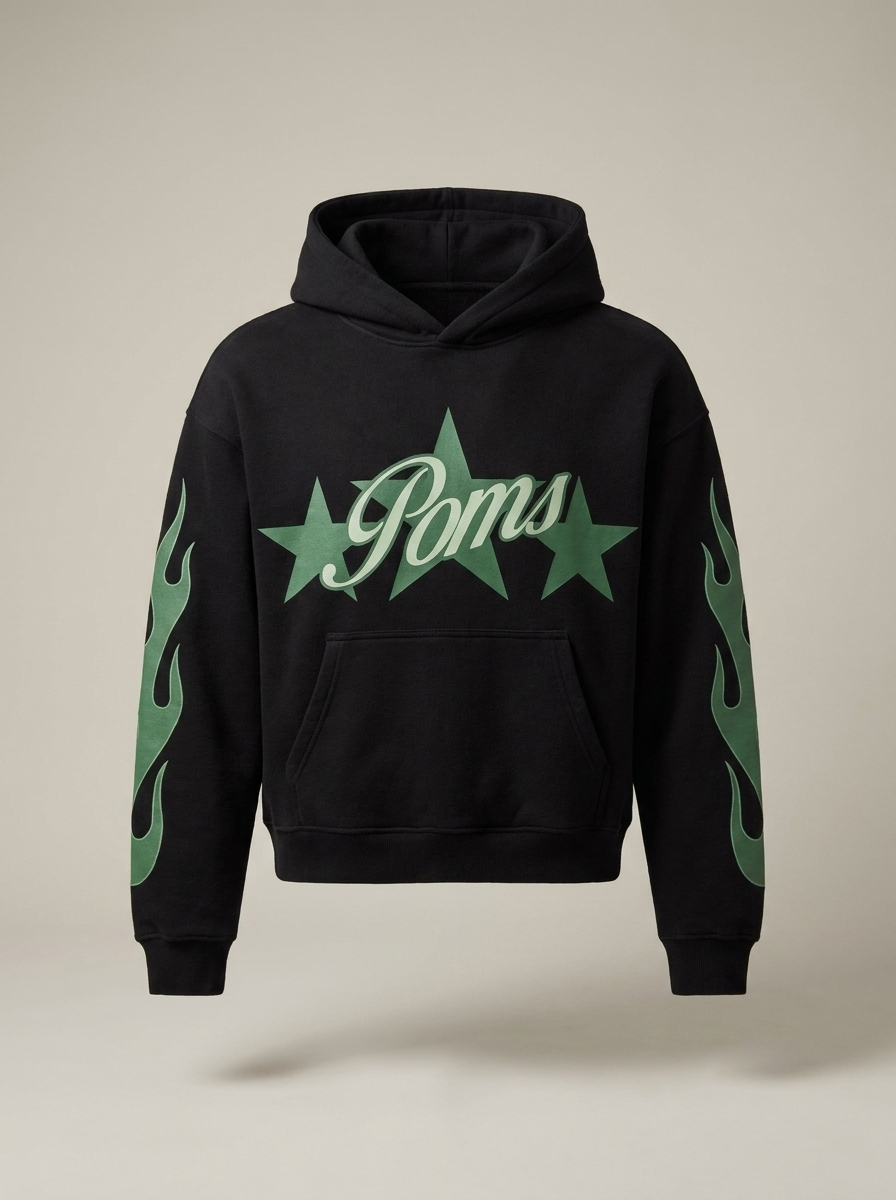 Black cotton Poms star flame hoodie with green accents front view