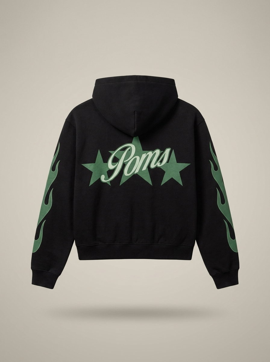 Black cotton Poms star flame hoodie with green accents back view