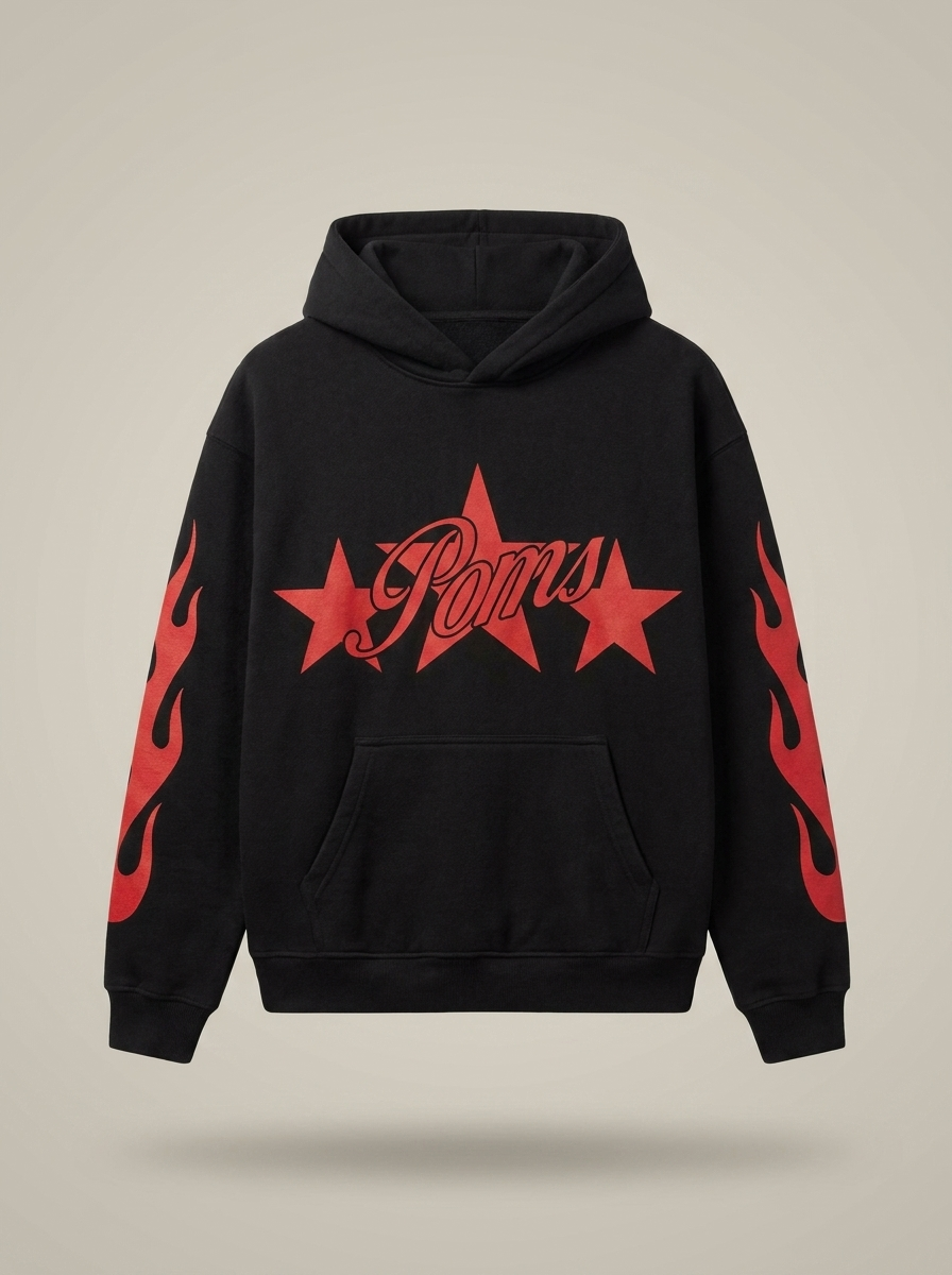 Black cotton Poms star flame hoodie with red accents front view