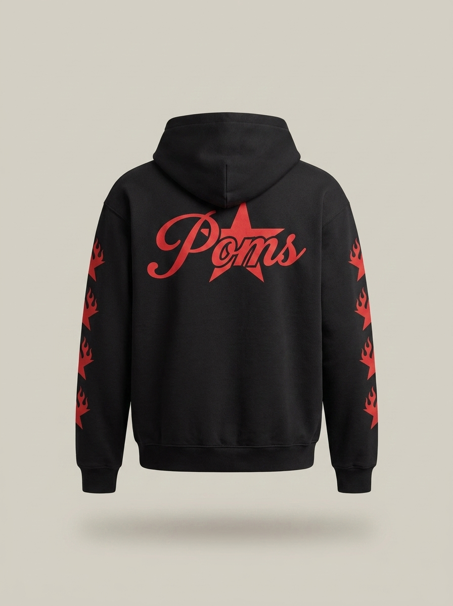 Black cotton Poms star flame hoodie with red accents back view