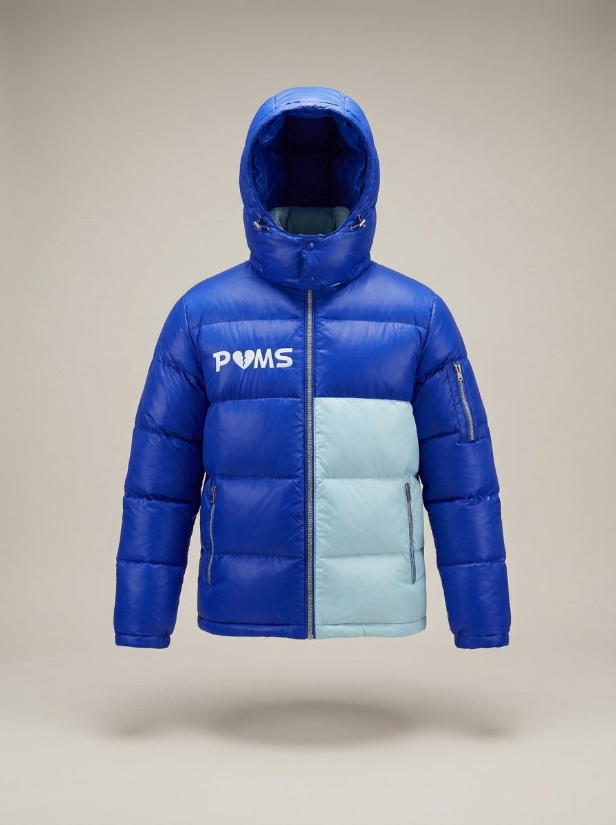 Two Tone Rome puffer jacket in royal blue, front view