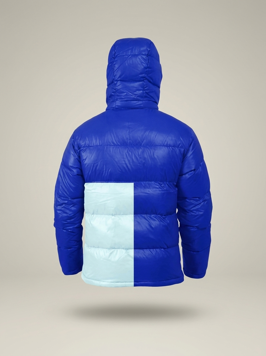 Two Tone Rome puffer jacket in royal blue, back view