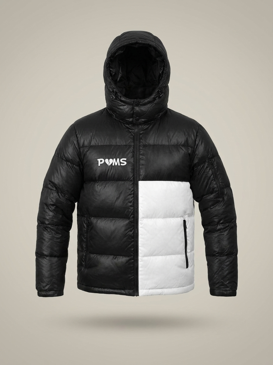 Two Tone Rome puffer jacket in black, front view