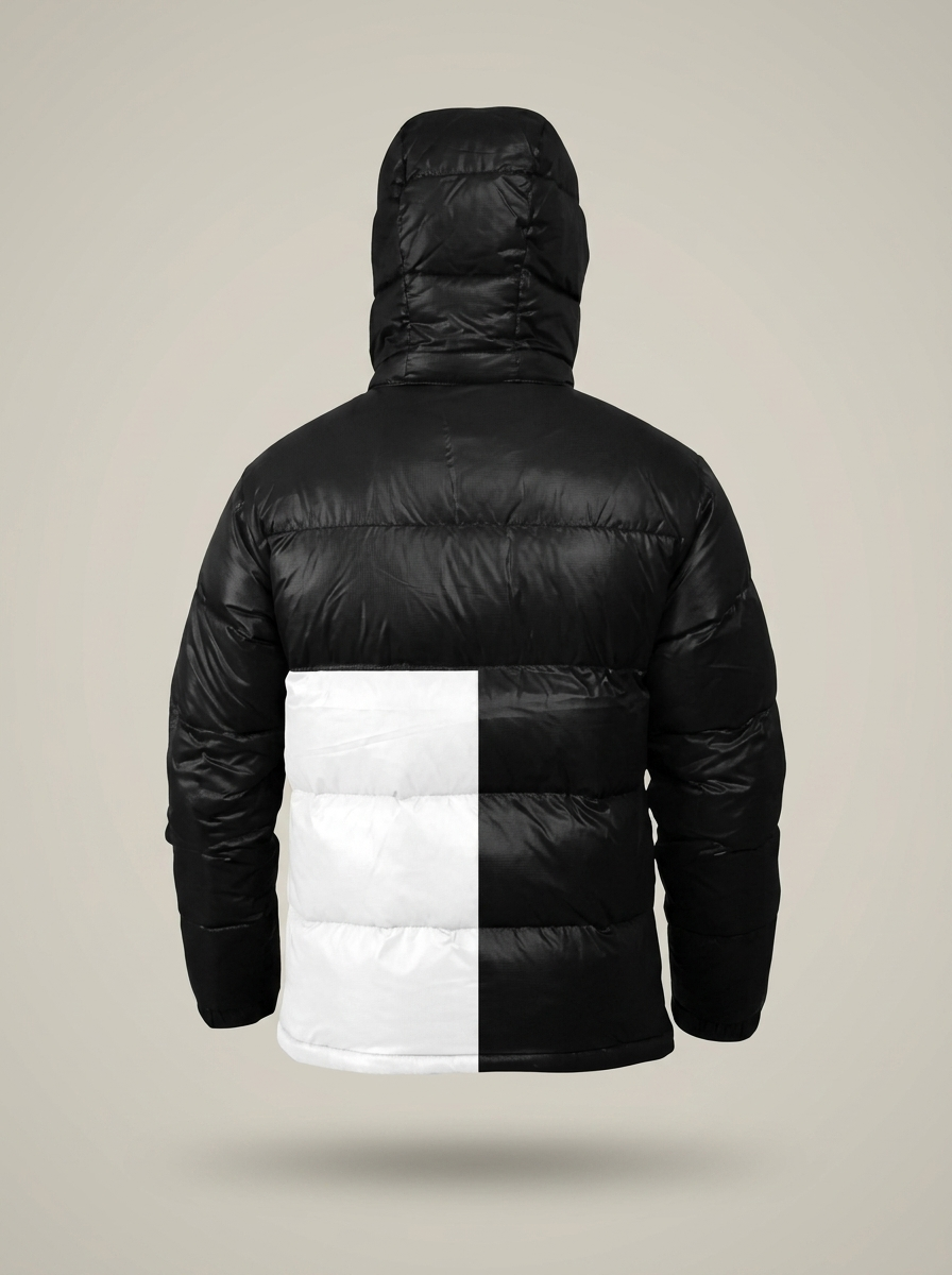 Two Tone Rome puffer jacket in black, back view