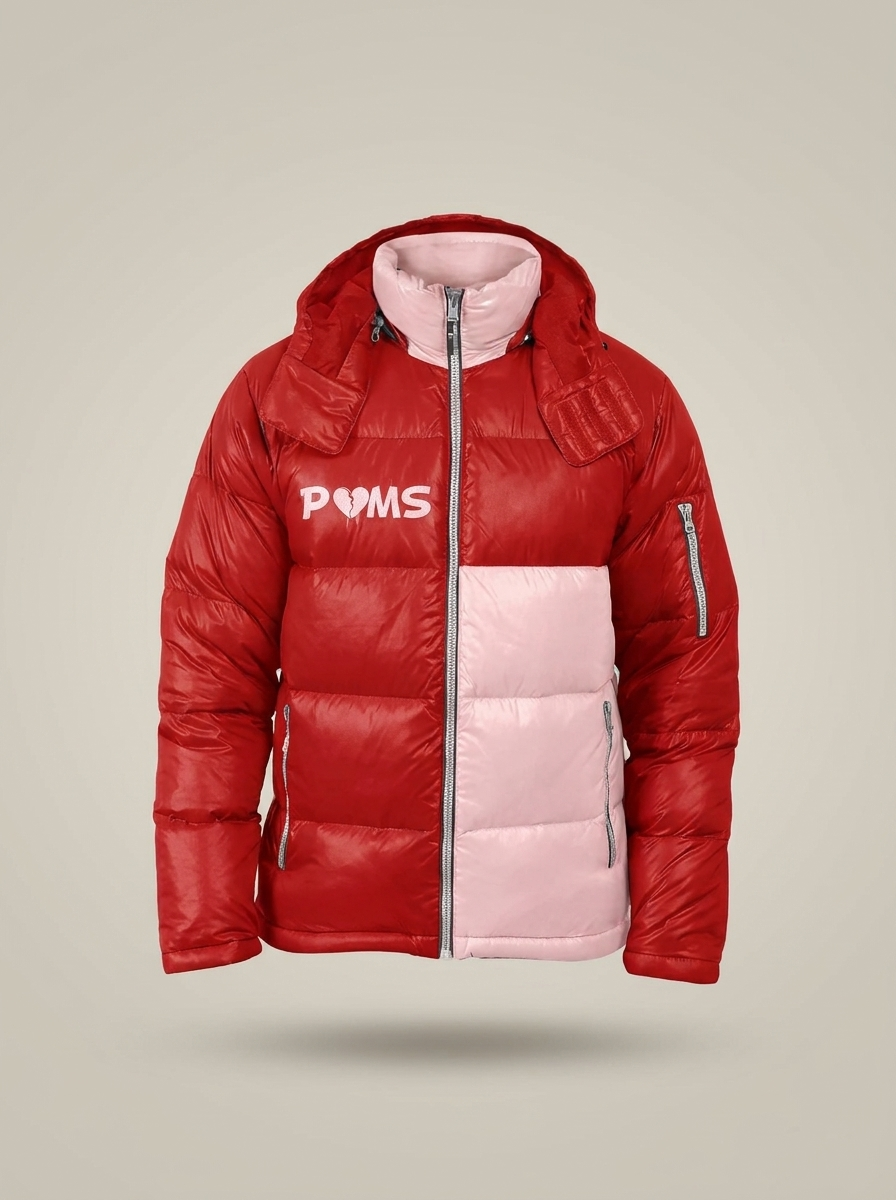 Two Tone Rome puffer jacket in red, front view