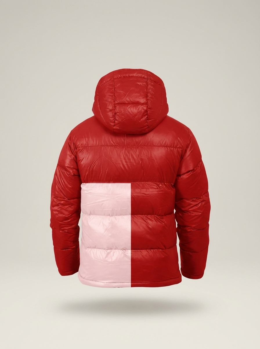 Two Tone Rome puffer jacket in red, back view