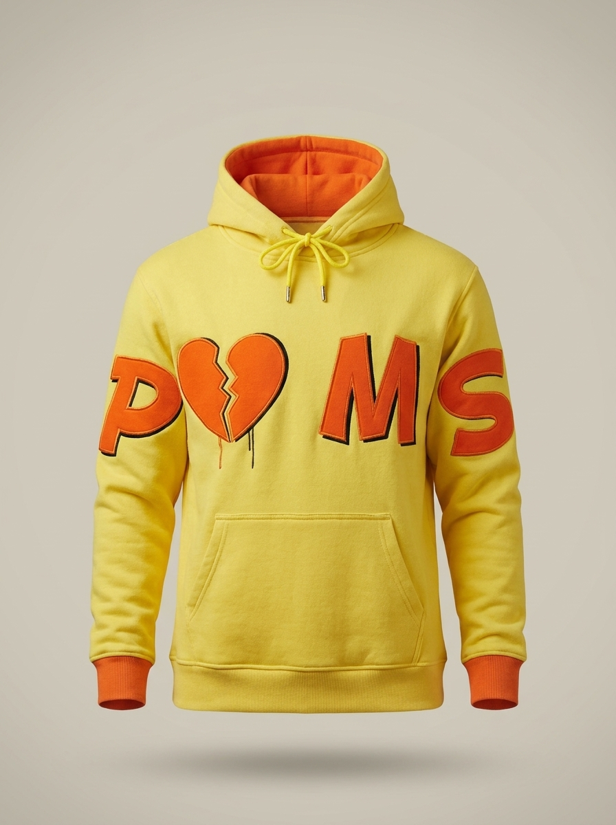 POMS x THEHOLLYROD yellow hoodie with orange lettering, front view