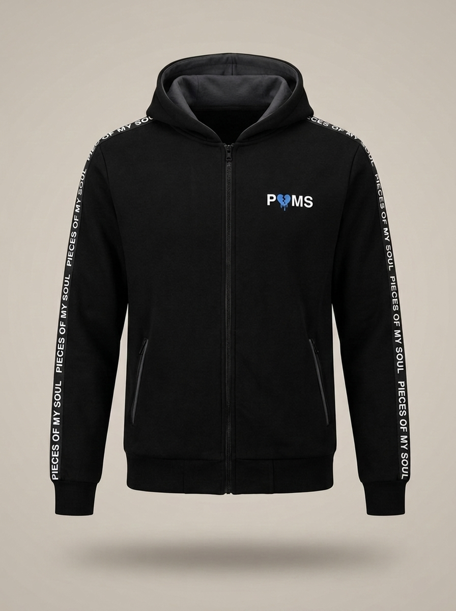Black POMS sweatsuit hoodie with blue broken heart, front view