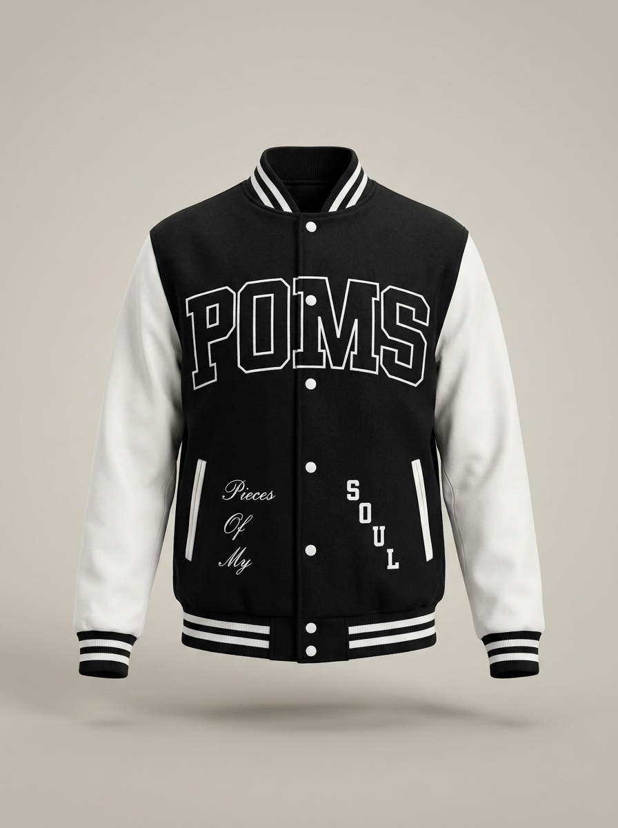 POMS letterman jacket in black and white, front view
