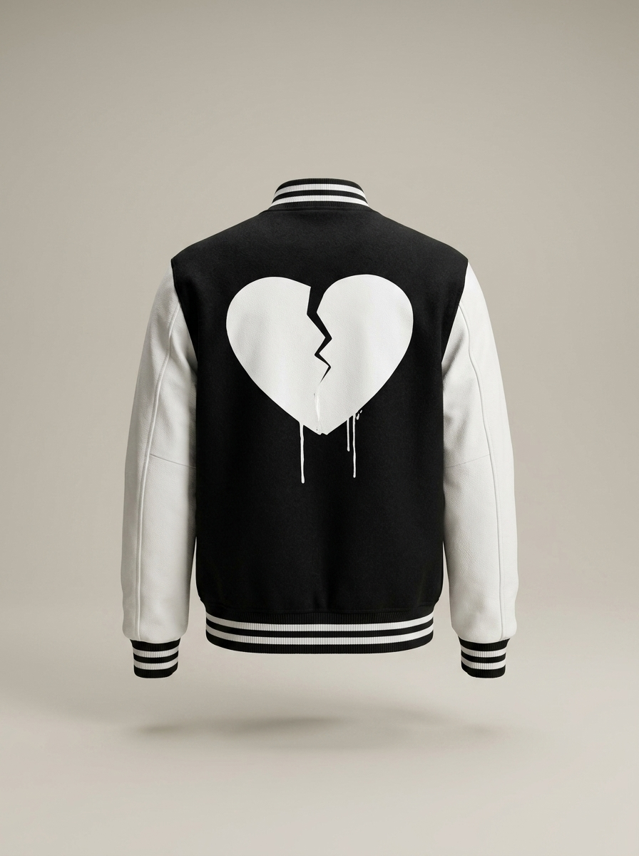 POMS letterman jacket in black and white, back view with broken heart