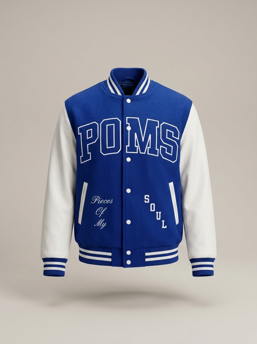 POMS letterman jacket in royal blue and white, front view