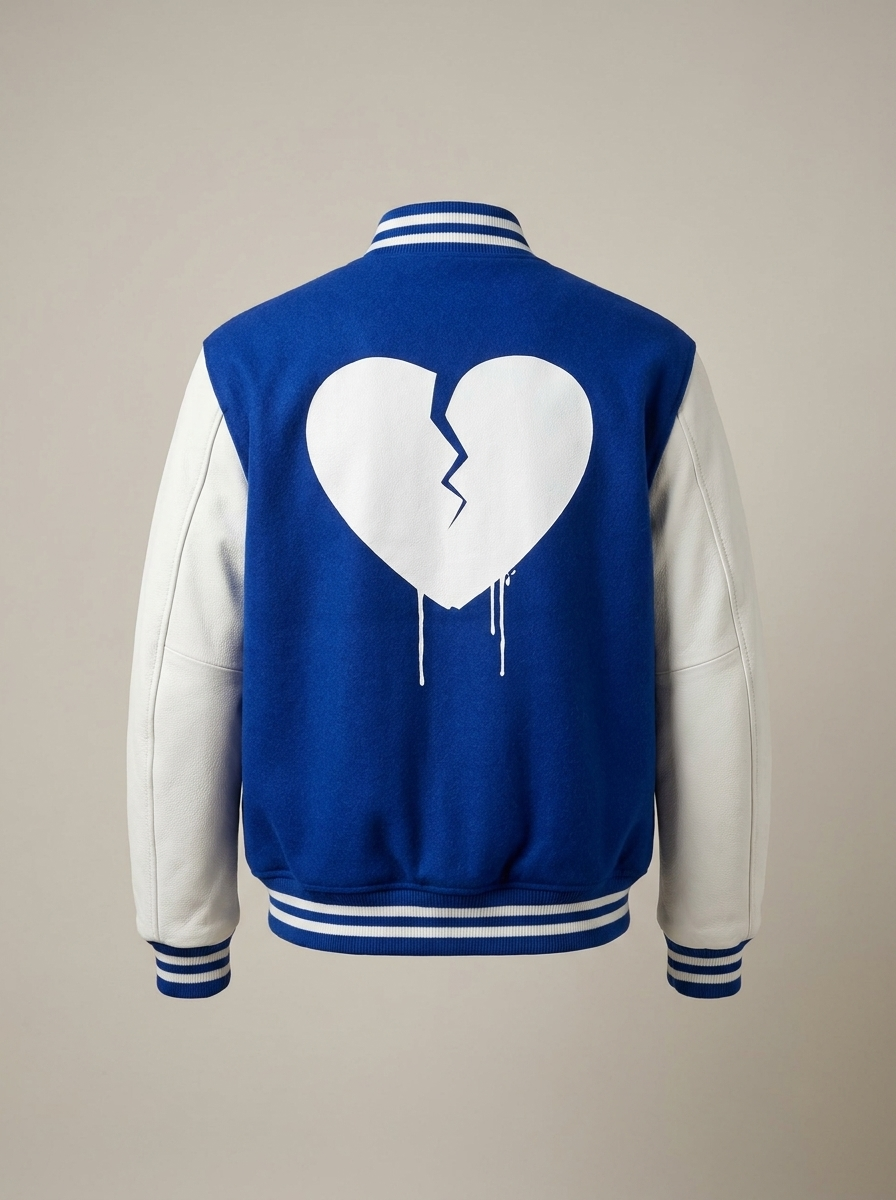 POMS letterman jacket in royal blue and white, back view with broken heart