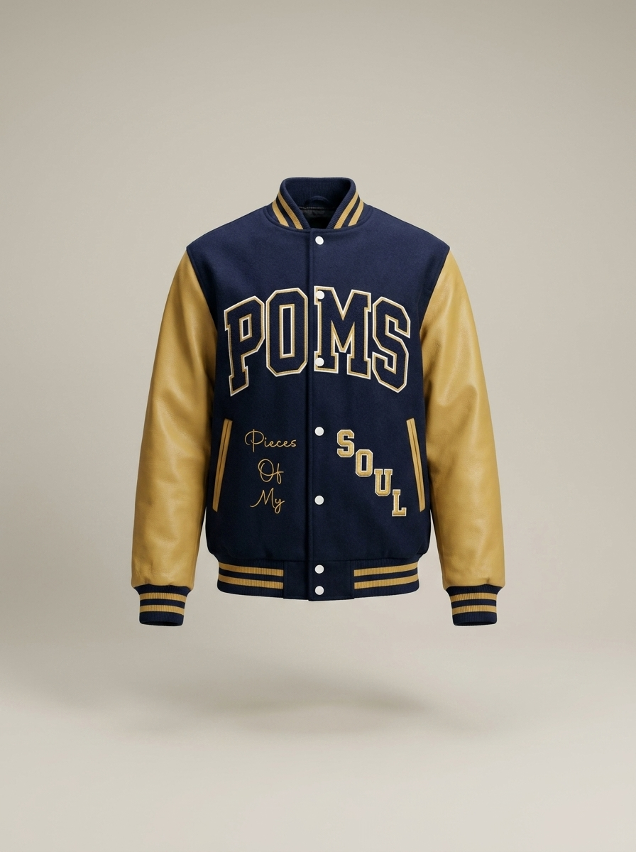 POMS letterman jacket in navy and gold, front view