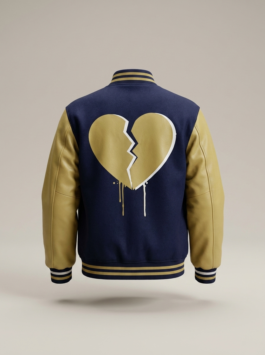 POMS letterman jacket in navy and gold, back view with broken heart
